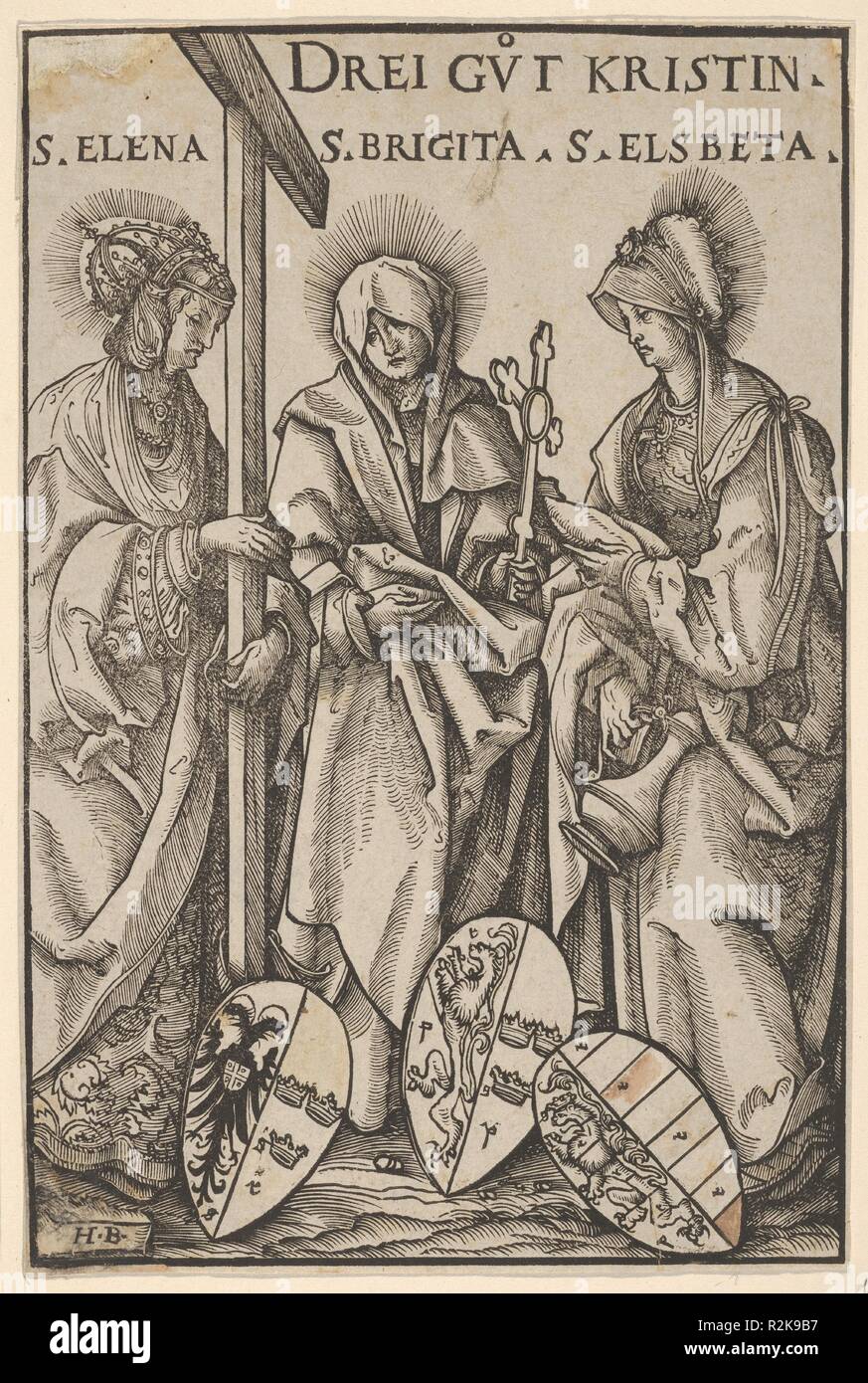 The Three Christian Heroines (Drei Gut Kristin), from Heroes and Heroines. Artist: Hans Burgkmair (German, Augsburg 1473-1531 Augsburg); Block cut by Jost de Negker (1480-1546). Dimensions: Sheet: 8 1/8 × 5 3/16 in. (20.7 × 13.2 cm). Series/Portfolio: Heroes and Heroines. Date: 1516.  At left, Saint Helena wearing the imperial crown and holding up a cross; at center, Saint Brigit holding a processional cross; at right, Saint Elisabeth with a stein. Below, three coats of arms. From a series of six woodcuts with Heroes and Heroines, each with three figures. Museum: Metropolitan Museum of Art, Ne Stock Photo