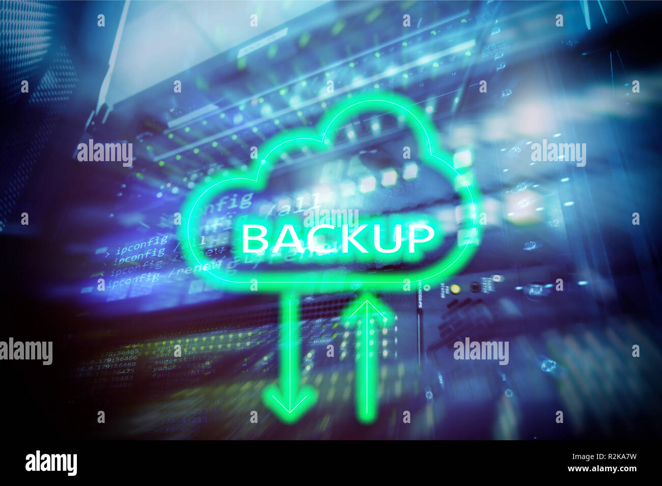 Backup button on modern server room background. Data loss prevention ...