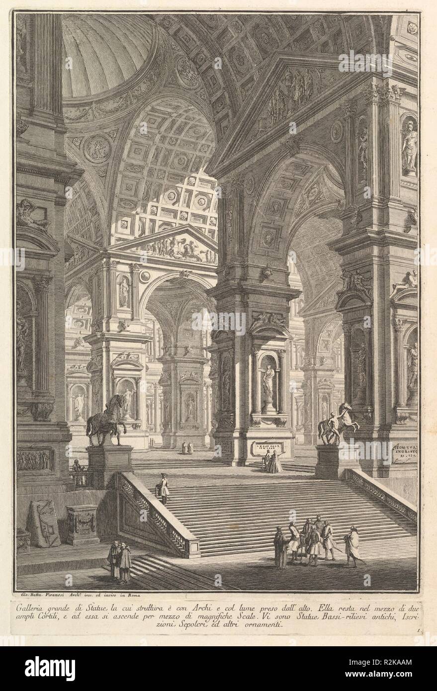 Large sculpture gallery built on arches and lit from above . . . (Galleria grande di Statue, la cui struttura è con Archi e col lume preso dall'alto . . . .). Artist: Giovanni Battista Piranesi (Italian, Mogliano Veneto 1720-1778 Rome). Dimensions: Plate (Image): 14 1/16 × 9 13/16 in. (35.7 × 24.9 cm)  Plate (Inscription): 13/16 × 9 3/4 in. (2 × 24.8 cm)  Sheet: 19 7/16 × 13 3/16 in. (49.4 × 33.5 cm). Series/Portfolio: Prima Parte di Architettura, e Prospettive (Part One of Architecture and Perspectives). Date: ca. 1750. Museum: Metropolitan Museum of Art, New York, USA. Stock Photo