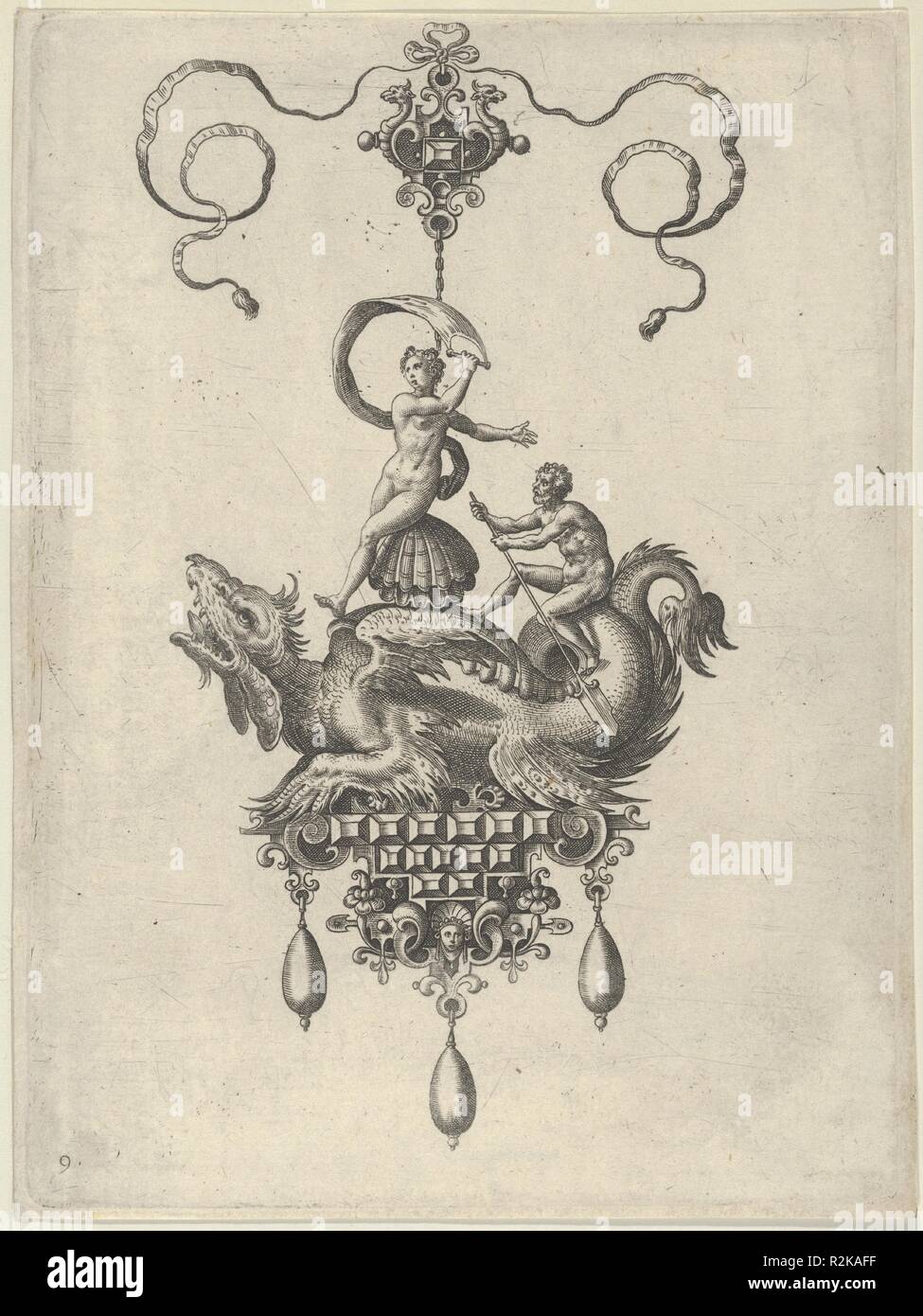 Pendant Design with a Winged Sea Monster Carrying Venus Anadyomene on a Shell and a Man with an Oar. Artist: Adriaen Collaert (Netherlandish, Antwerp ca. 1560-1618 Antwerp); after a design by Jan Collaert I (Netherlandish, Antwerp ca. 1530-1581 Antwerp). Dimensions: Sheet: 6 15/16 × 5 3/16 in. (17.7 × 13.2 cm). Publisher: published by Philips Galle (Netherlandish, Haarlem 1537-1612 Antwerp) , in Antwerp. Series/Portfolio: Designs for Pendants II. Date: 1582.  Vertical panel with a pendant in the shape of a sea monster carrying Neptune, who is seated on a shell and holds a sail in her right han Stock Photo