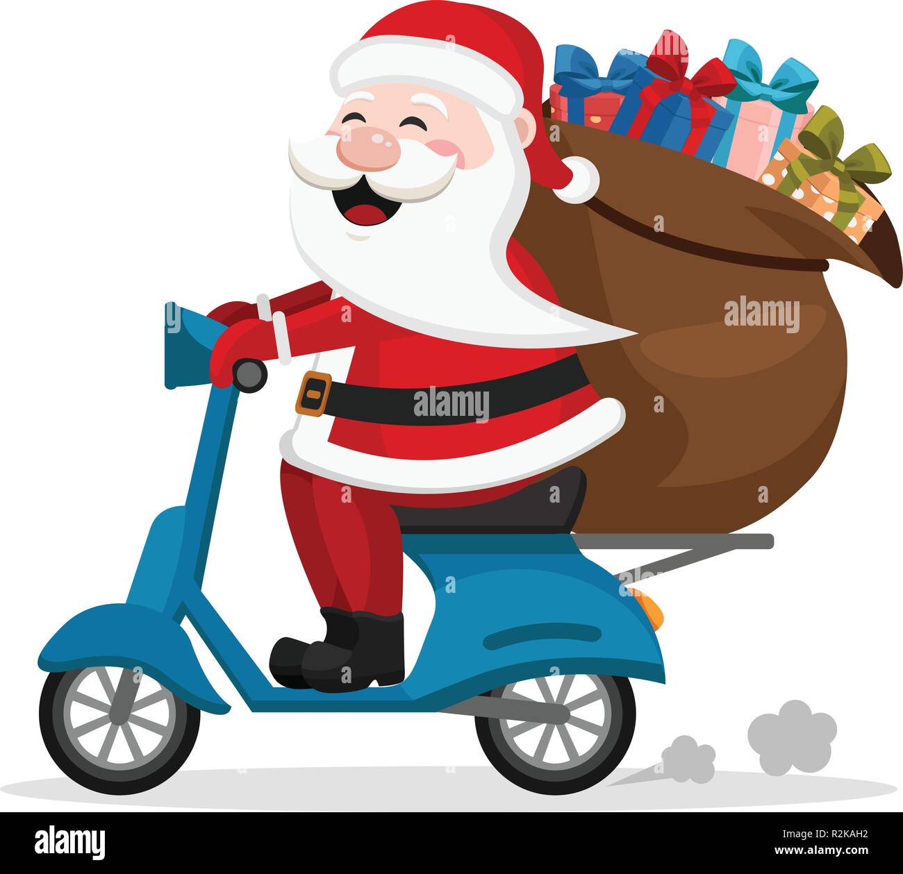 Santa Claus carries a scooter bag with gifts. Stock Vector