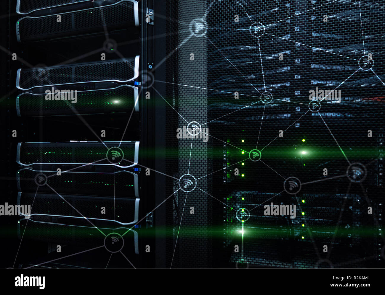 Wi fi network abstract structure on modern server room background Stock ...
