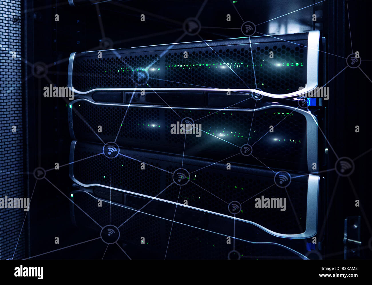 Wi fi network abstract structure on modern server room background Stock ...