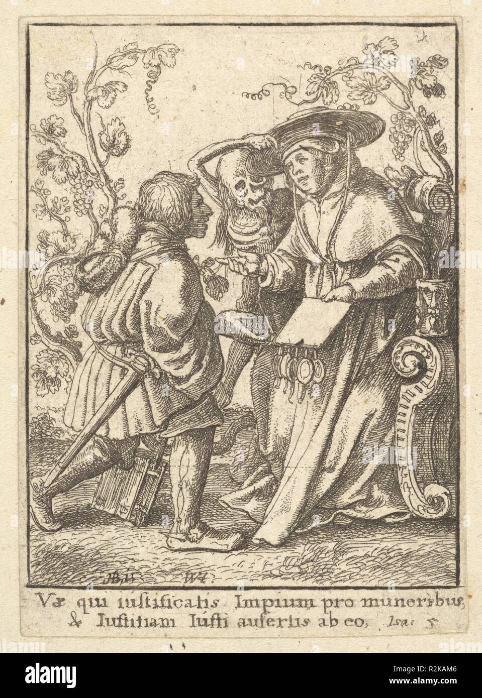 Cardinal, from the Dance of Death. Artist: After Hans Holbein the Younger (German, Augsburg 1497/98-1543 London). Dimensions: Sheet: 2 15/16 × 2 1/16 in. (7.4 × 5.3 cm). Etcher: Wenceslaus Hollar (Bohemian, Prague 1607-1677 London). Series/Portfolio: Dance of Death, after Holbein. Date: 1651.  The Cardinal; Death removes the hat from a cardinal seated on the right, who is handing to a man on the left a document with five seals. Museum: Metropolitan Museum of Art, New York, USA. Stock Photo