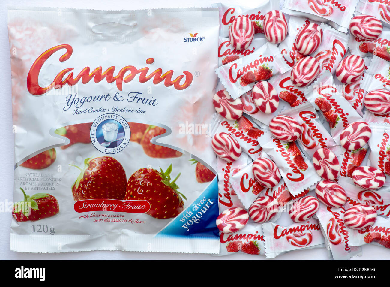 Campino Sweets. Campino Yogurt & Fruit Hard Candies Strawberry Stock Photo