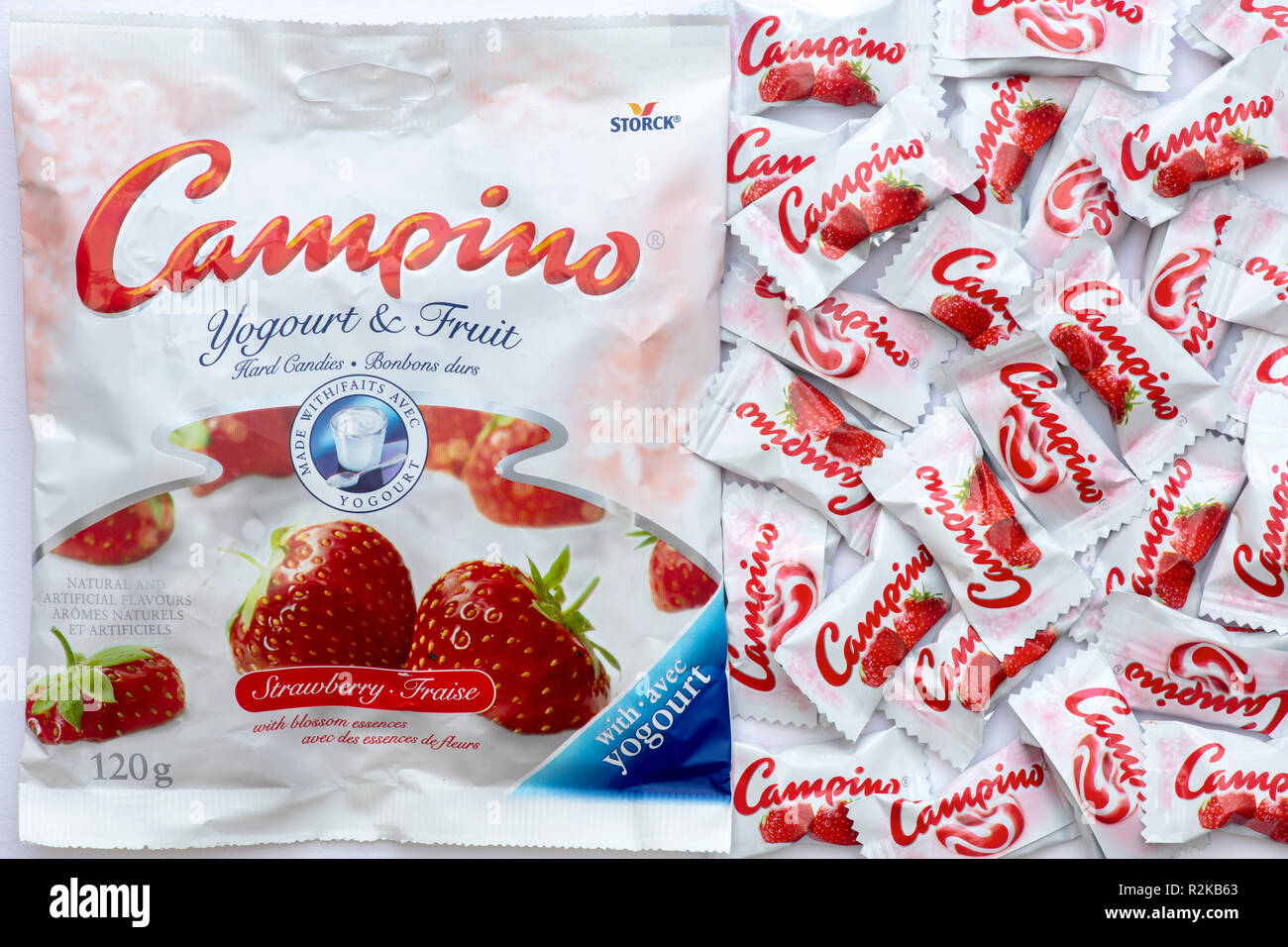 Campino Sweets. Campino Yogurt & Fruit Hard Candies Strawberry Stock Photo