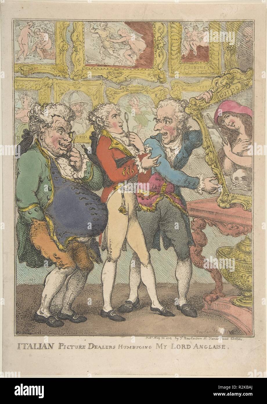 Italian Picture Dealers Humbugging My Lord Anglaise. Artist and publisher: Thomas Rowlandson (British, London 1757-1827 London). Dimensions: Sheet: 13 11/16 x 9 3/4 in. (34.8 x 24.8 cm). Date: May 30, 1812.  A handsome English lord visiting Italy is introduced to a disreputable art dealer by an obese nobleman. The grimaces and gestures of the Italians suggest that they intend to defraud, or 'humbug,' the tourist. A voluptuous Mary Magdalene, purportedly by Guido Reni, is propped on a table for inspection and all the works on display undoubtedly are copies. When this print was published in 1812 Stock Photo