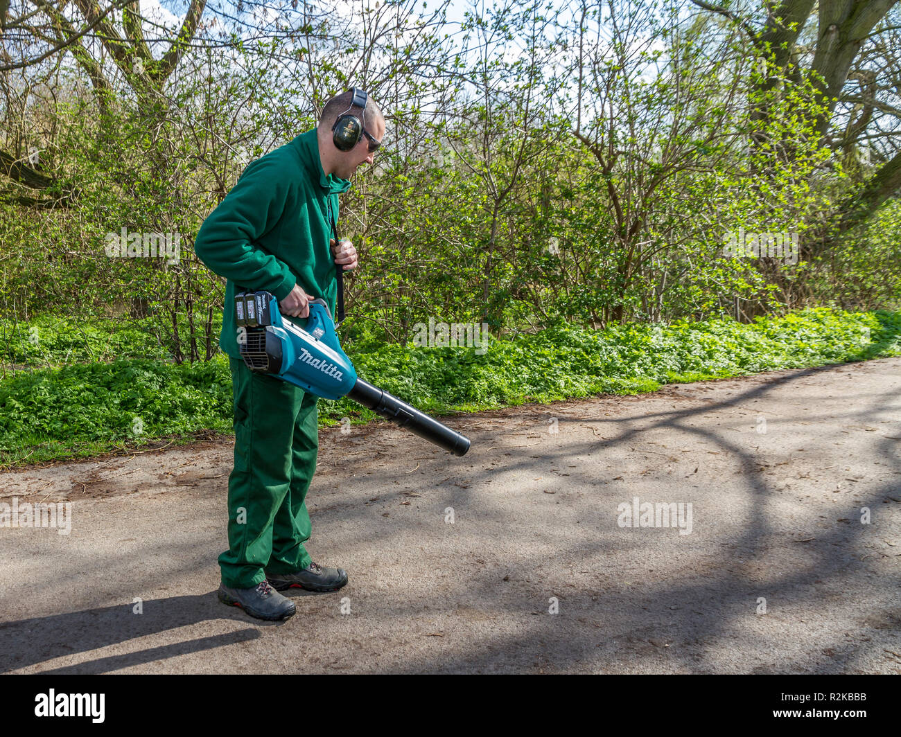 Makita battery powered leaf blower used by Hackney, London, Parks Dept. Stock Photo