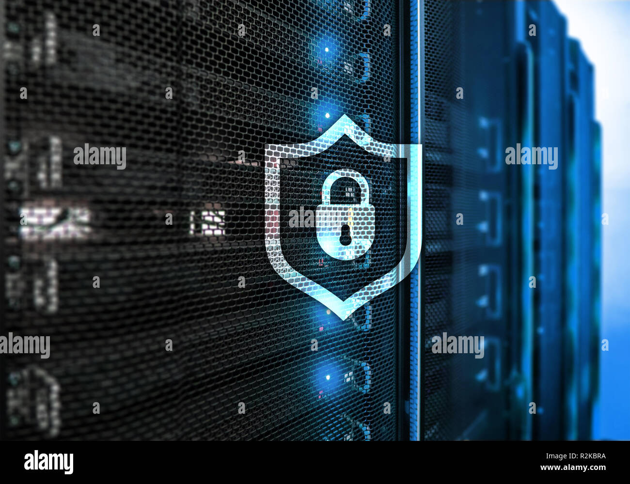 Cyber protection shield icon on server room background. Information ...