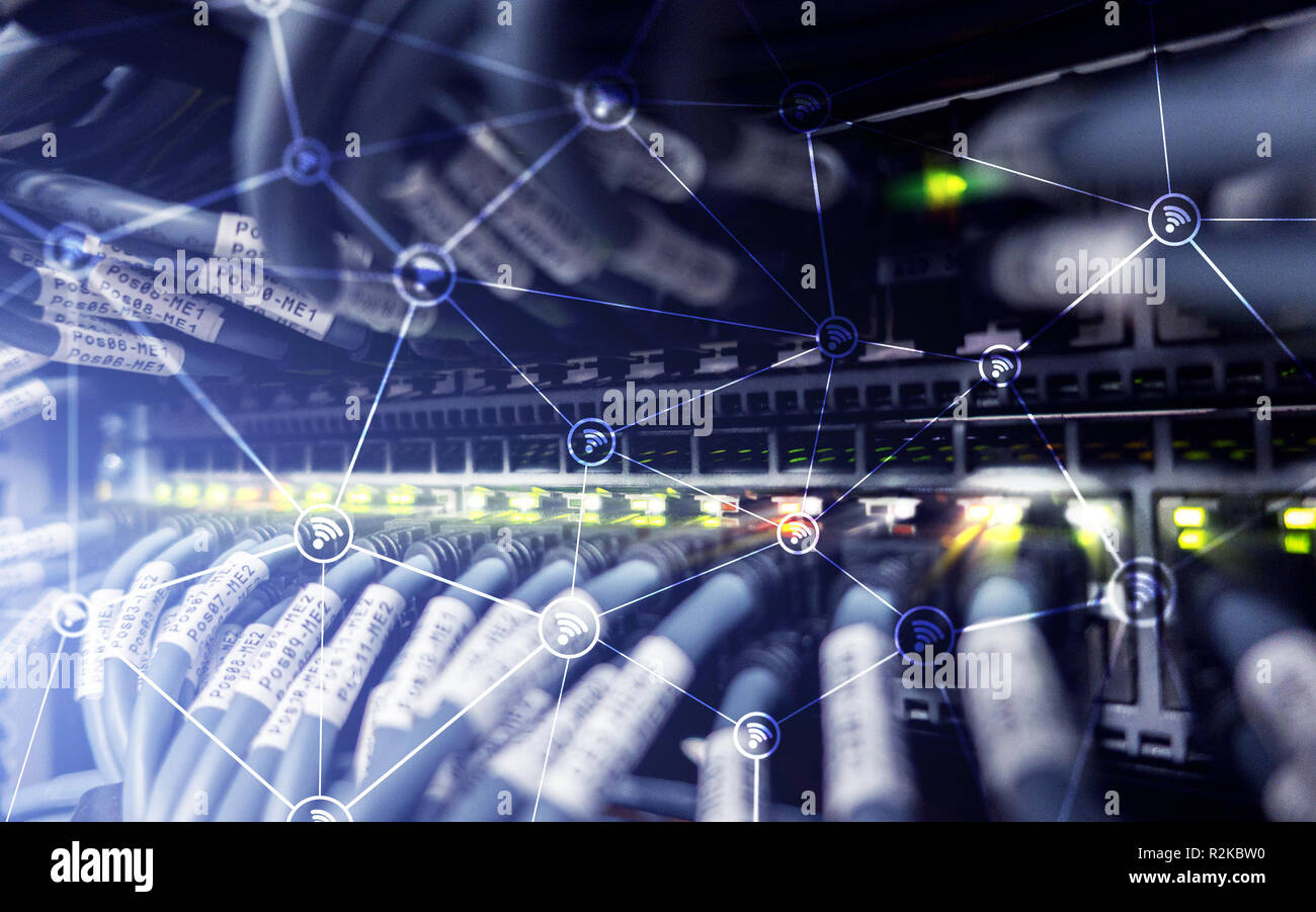 Wi fi network abstract structure on modern server room background Stock ...