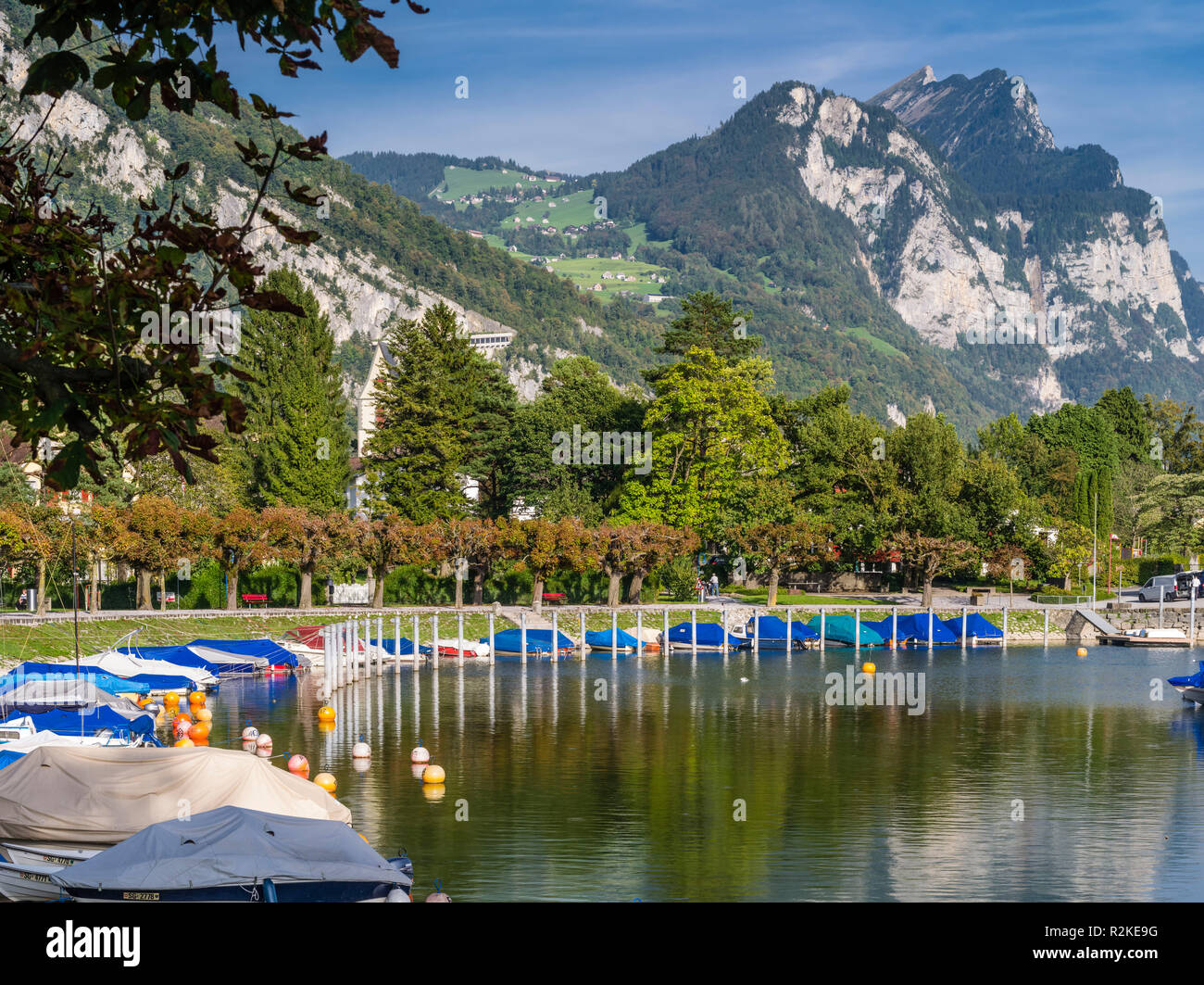 Port of Weesen on Walensee in autumn Stock Photo