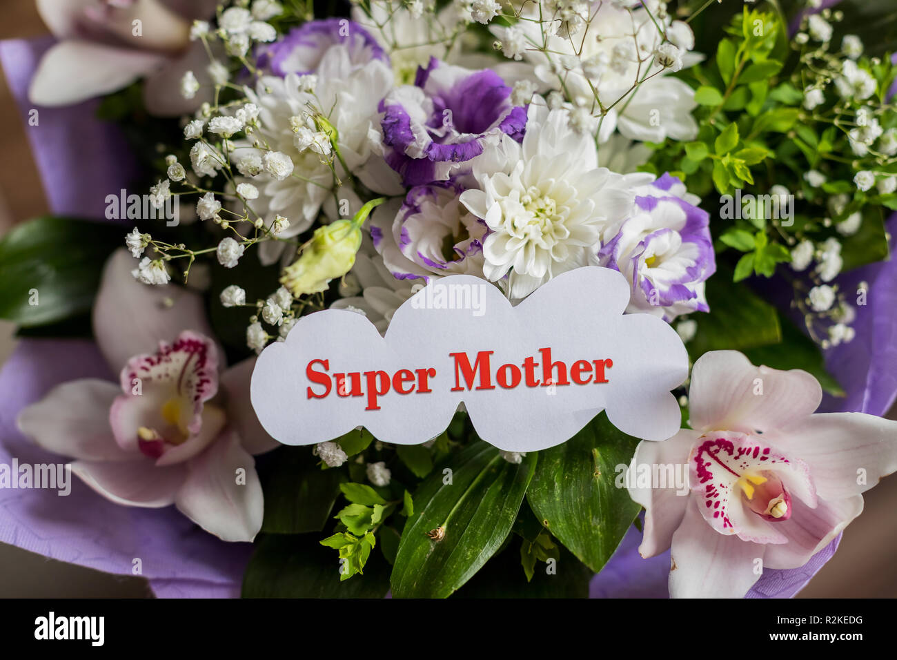 Happy Mothers Day. greeting card and beautiful flowers. High angle view ...