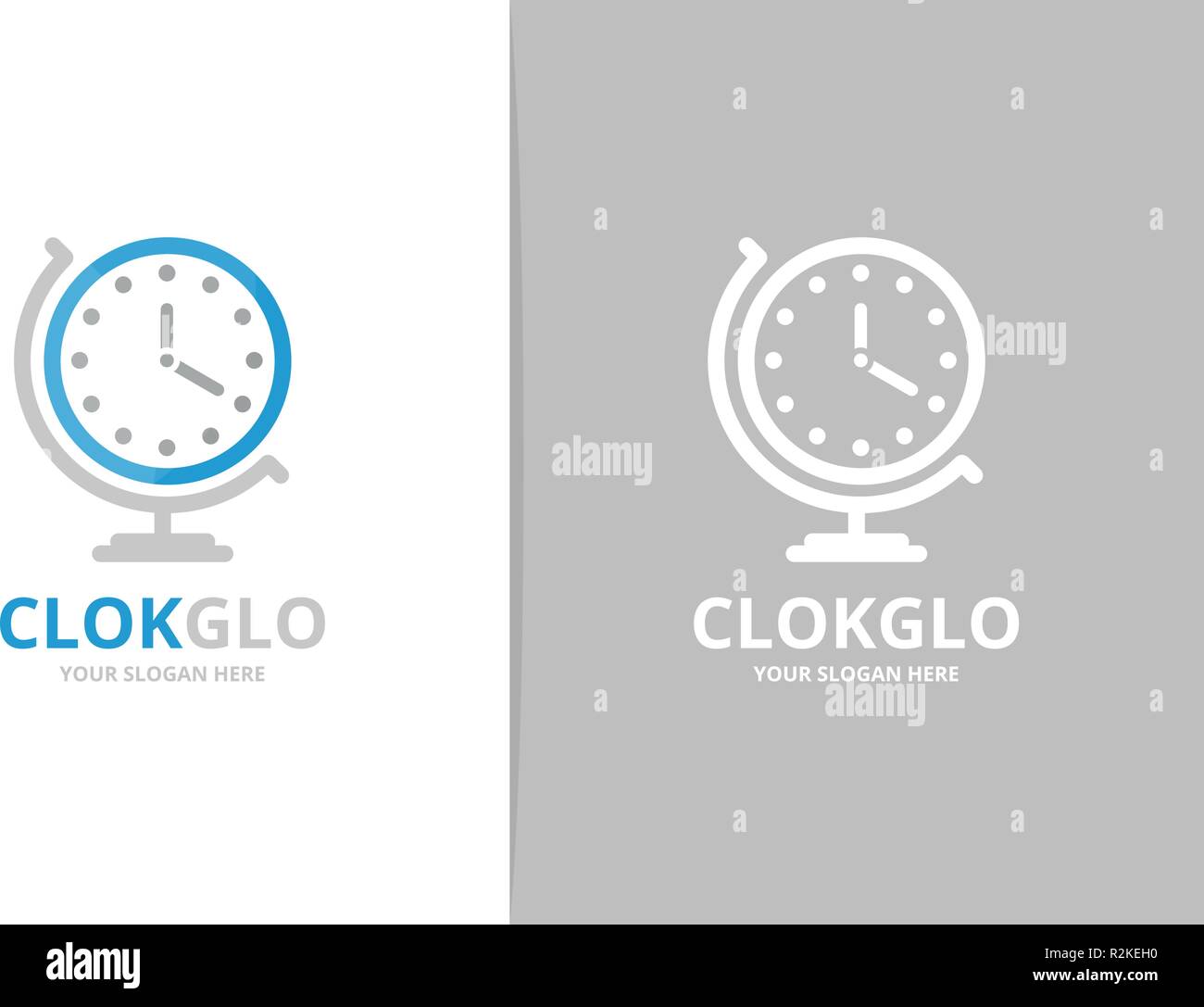 Vector clock and globe logo combination. Time planet symbol or icon. Unique express logotype design template. Stock Vector