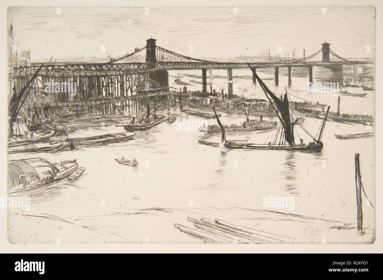 Old Hungerford Bridge. Artist: James McNeill Whistler (American, Lowell, Massachusetts 1834-1903 London). Dimensions: plate: 5 3/8 x 8 1/4 in. (13.7 x 21 cm)  sheet: 8 1/4 x 12 5/8 in. (21 x 32.1 cm). Series/Portfolio: Thames Set ('A Series of Sixteen Etchings of Scenes on the Thames and Other Subjects' 1871). Date: 1861. Museum: Metropolitan Museum of Art, New York, USA. Stock Photo