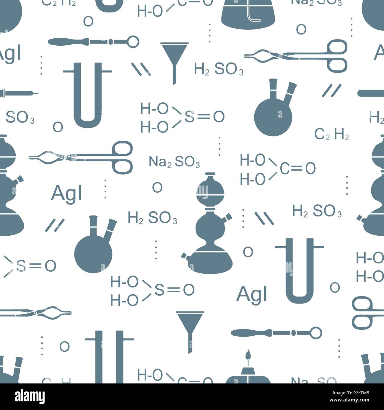 Scientific vector seamless pattern with flasks, burners, funnels, tools ...