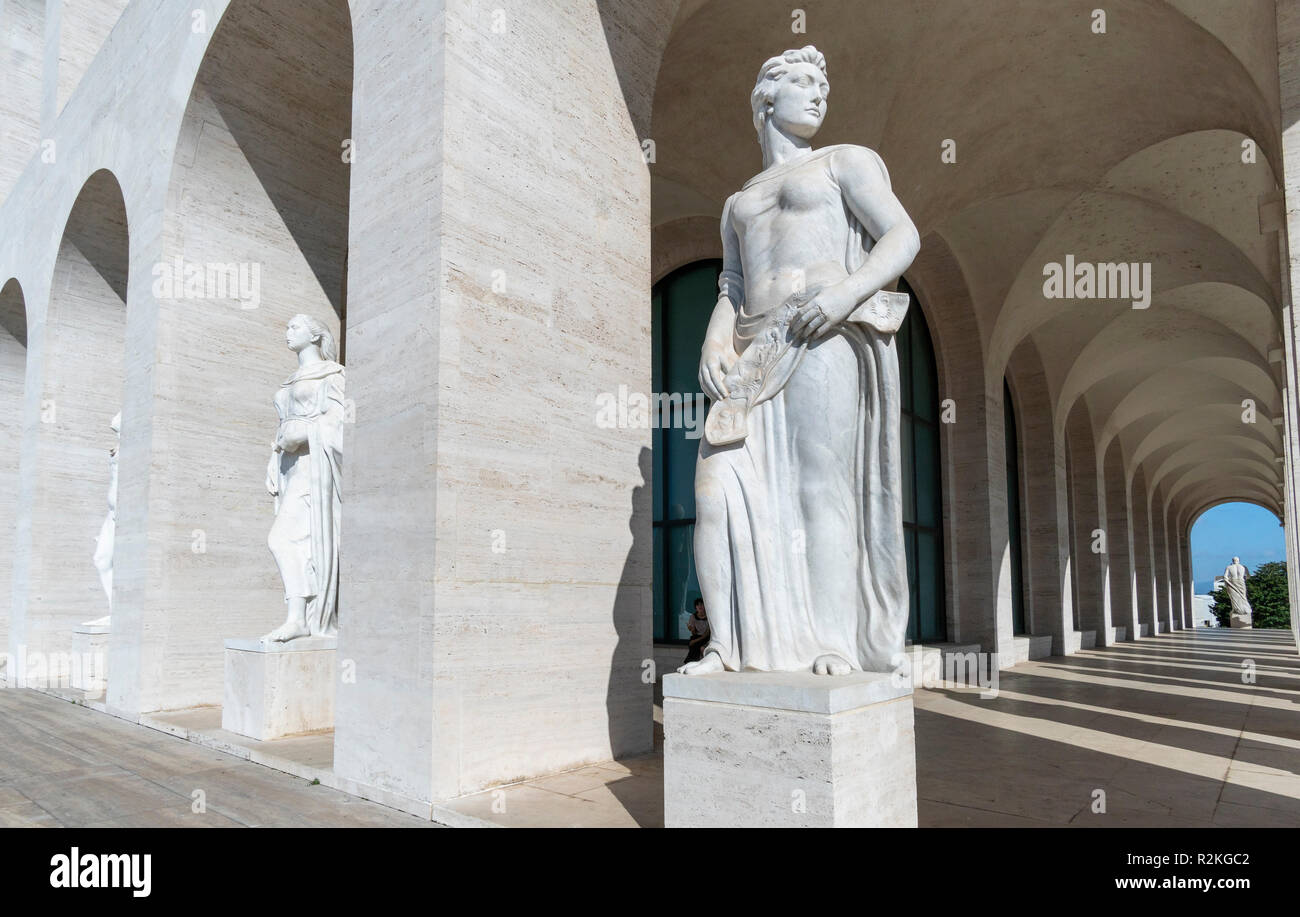 The Palazzo della Civilta del Lavoro, designed in 1937 by Marcello Piacentini, for the Esposizione Universale Roma or EUR, Rome, Italy. Stock Photo