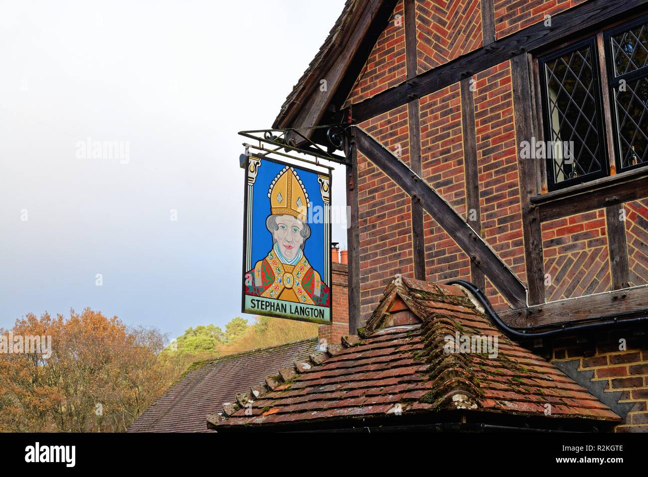 Close up of the sign outside the The Stephan Langton  pub in Friday Street near Dorking SurreyHills England UK Stock Photo