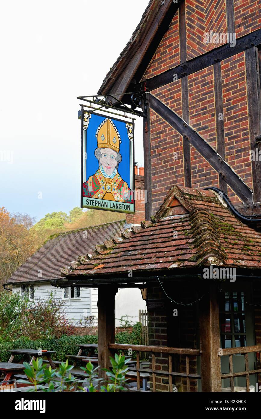 Close up of the sign outside the The Stephan Langton  pub in Friday Street near Dorking SurreyHills England UK Stock Photo