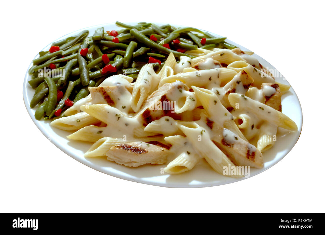 Penne Alfredo with Chicken and Green Beans Stock Photo