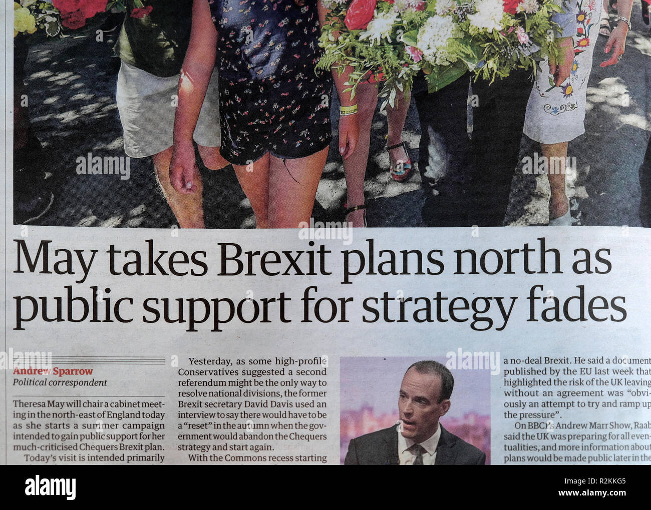 'May takes Brexit plans north as public support for strategy fades' Guardian newspaper headline article 27 July 2018 Stock Photo