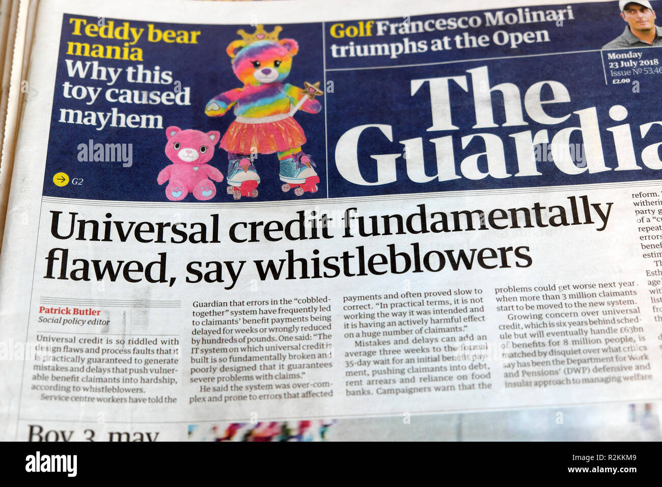 The Guardian newspaper headlines 'Universal credit fundamentally flawed, say whistleblowers'  in London England UK 23 July 2018 Stock Photo