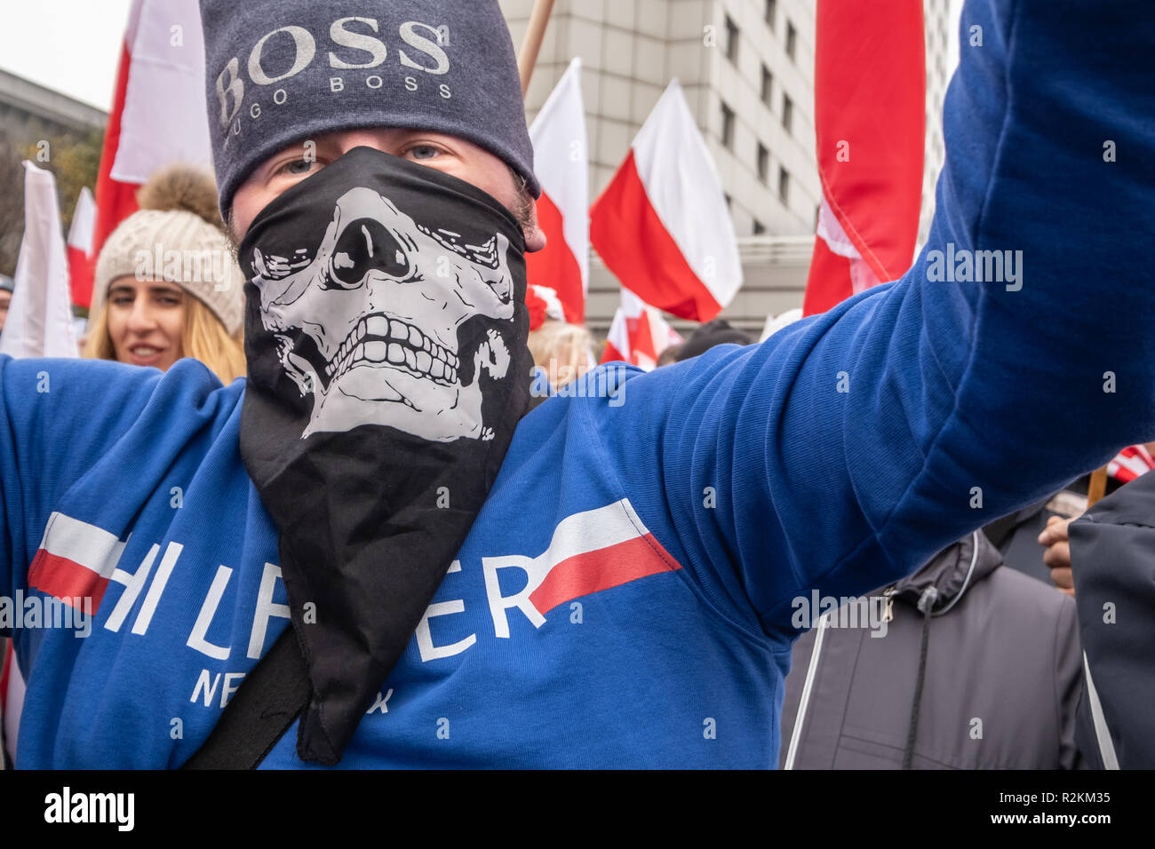 Warsaw, Poland - November 11, 2018: 200 000+ participated in Independence March, some of them chanting nationalist and xenophobic slogans. Stock Photo