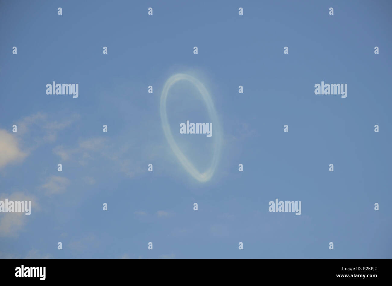 Giant smoke ring in the sky after a cannon is fired at a Civil War reenactment in Texas. Stock Photo