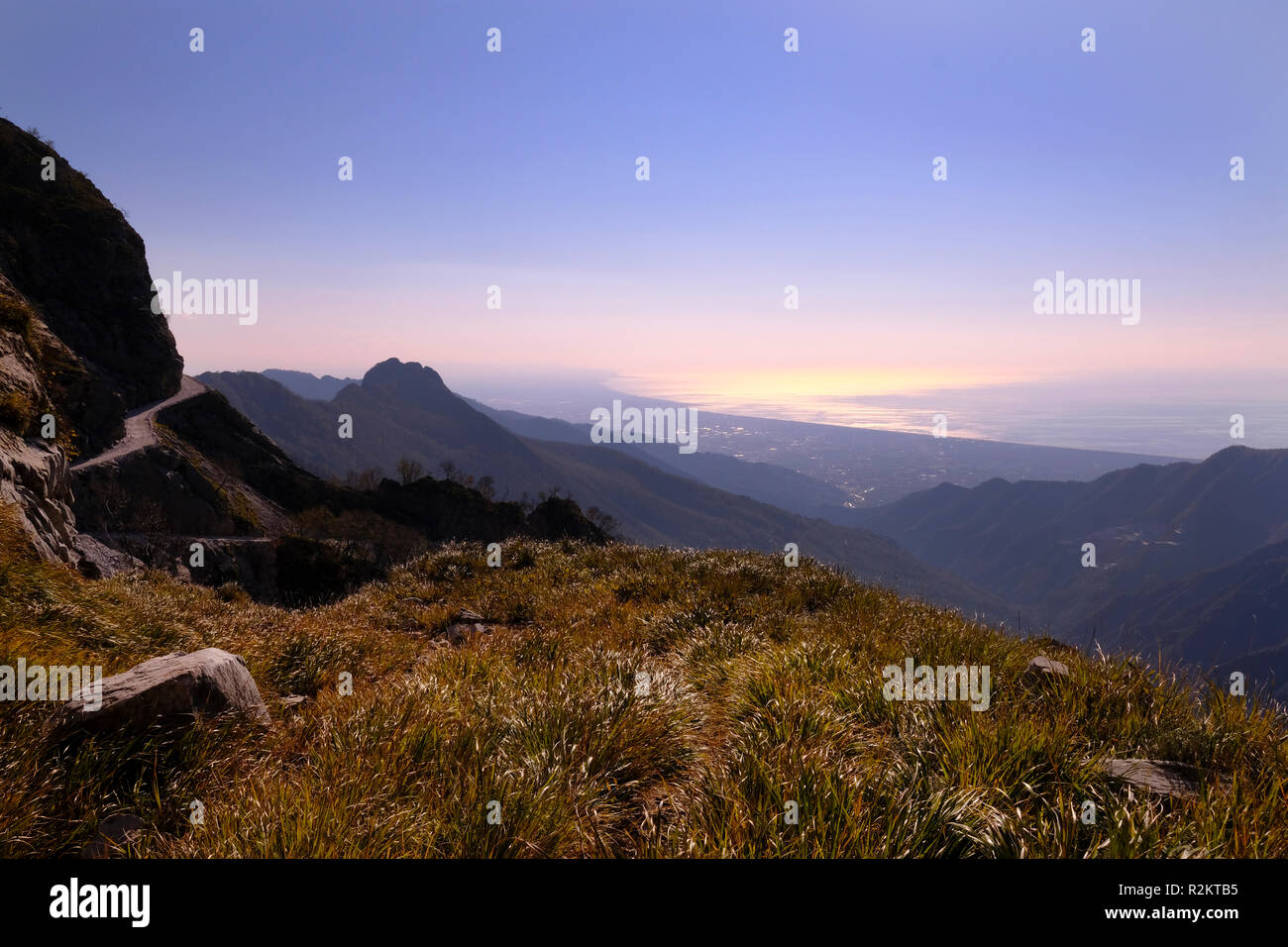 Unplugged: exploring nature, hiking on Tuscany mountains, breathtaking panorama (Italy). Stock Photo