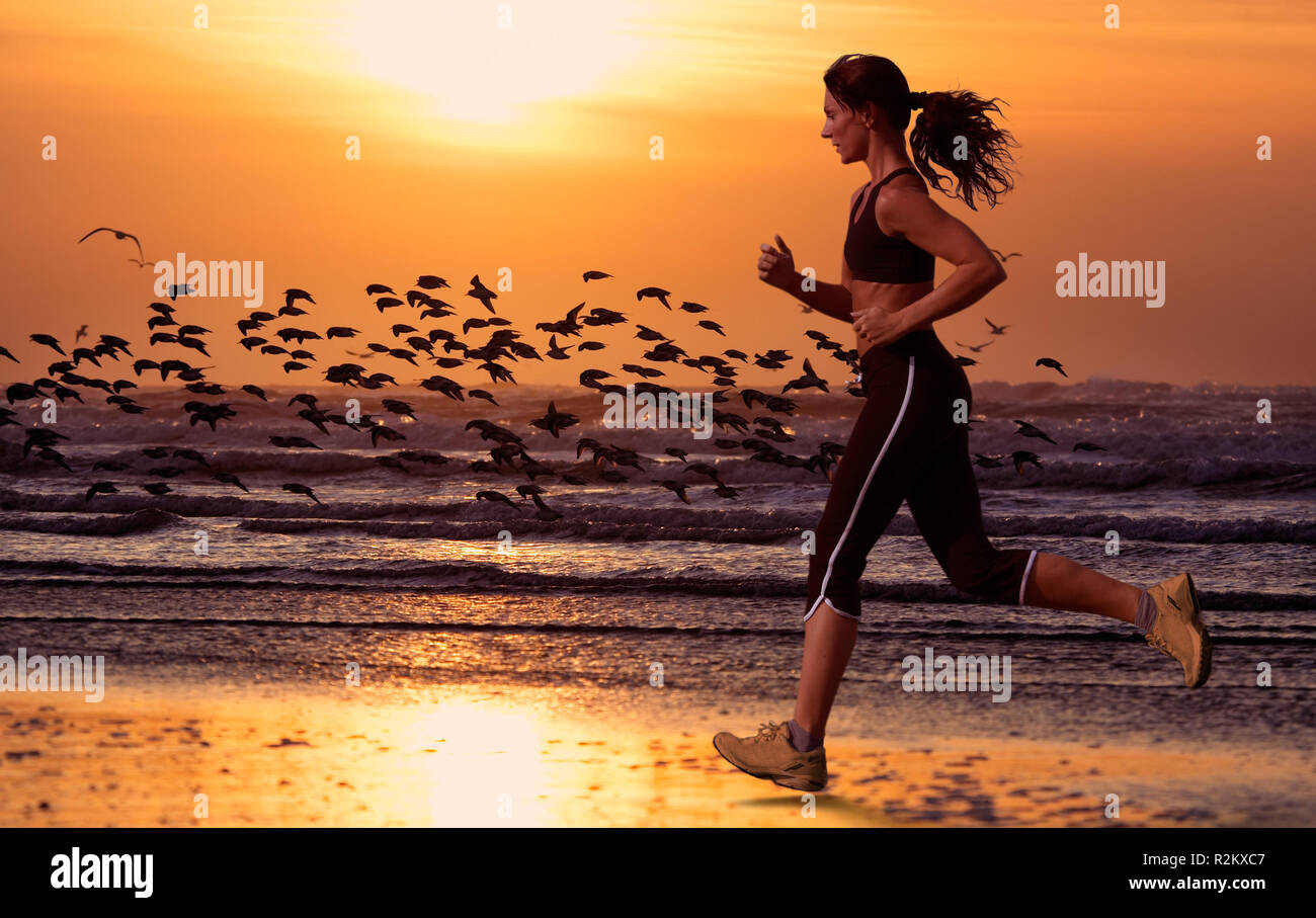 running with sunset Stock Photo