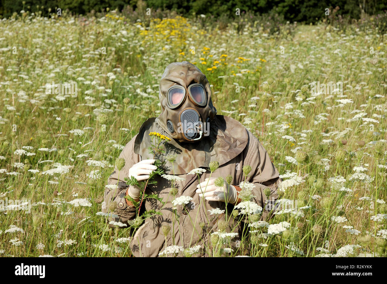 person with gas mask in contaminated field Stock Photo