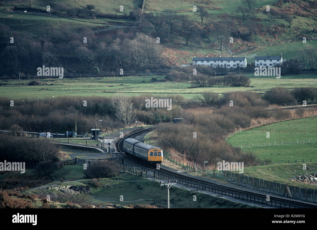 British Rail Diesel Multiple Unit, DMU train on the Dovey Junction to Pwllheli Cambrian Coast railway line, Morfa Harlech National Nature Reserve, Gwynedd, Great Britain Stock Photo