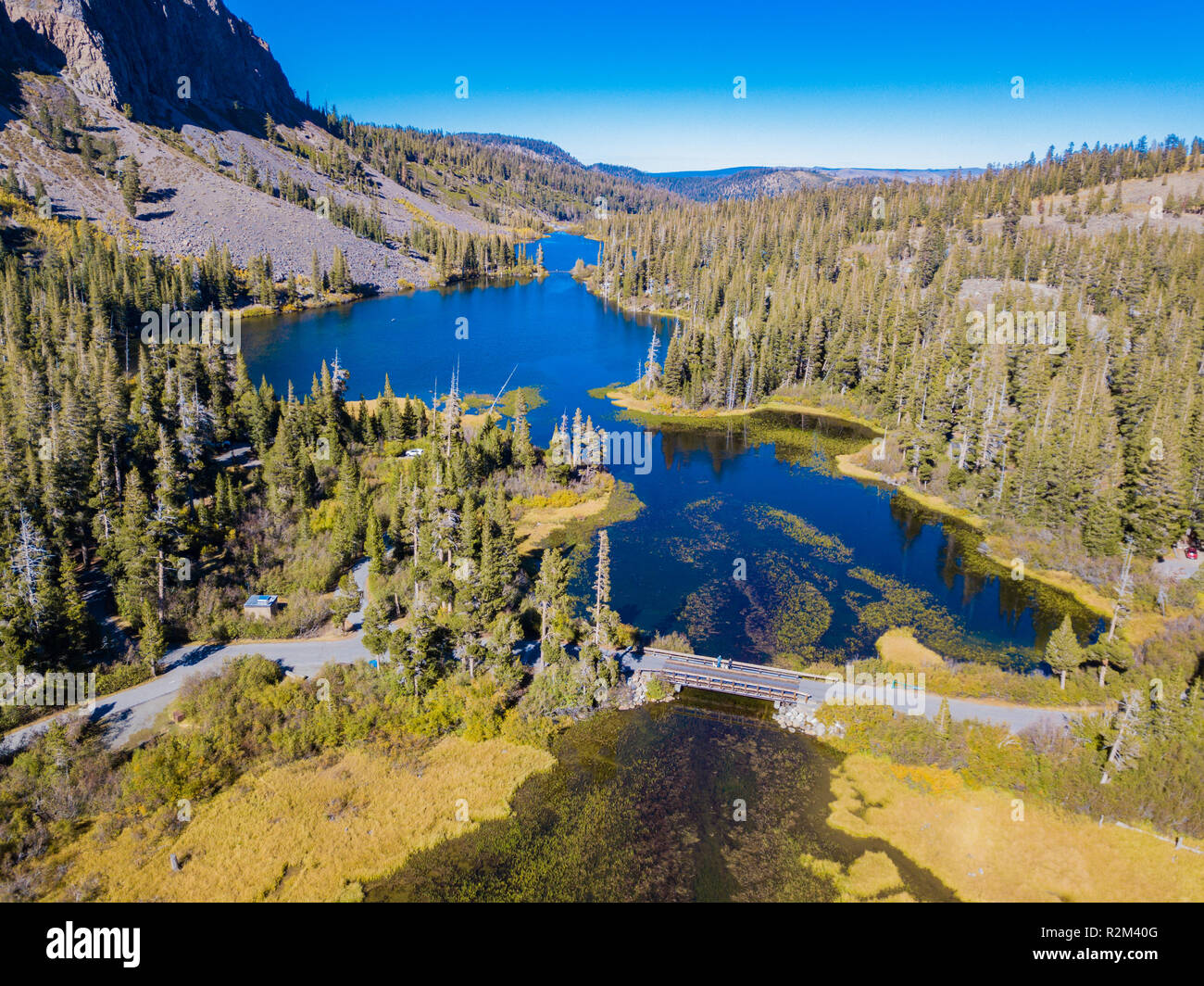 An aerial landscape of Twin Lakes and the surrounding mountains located