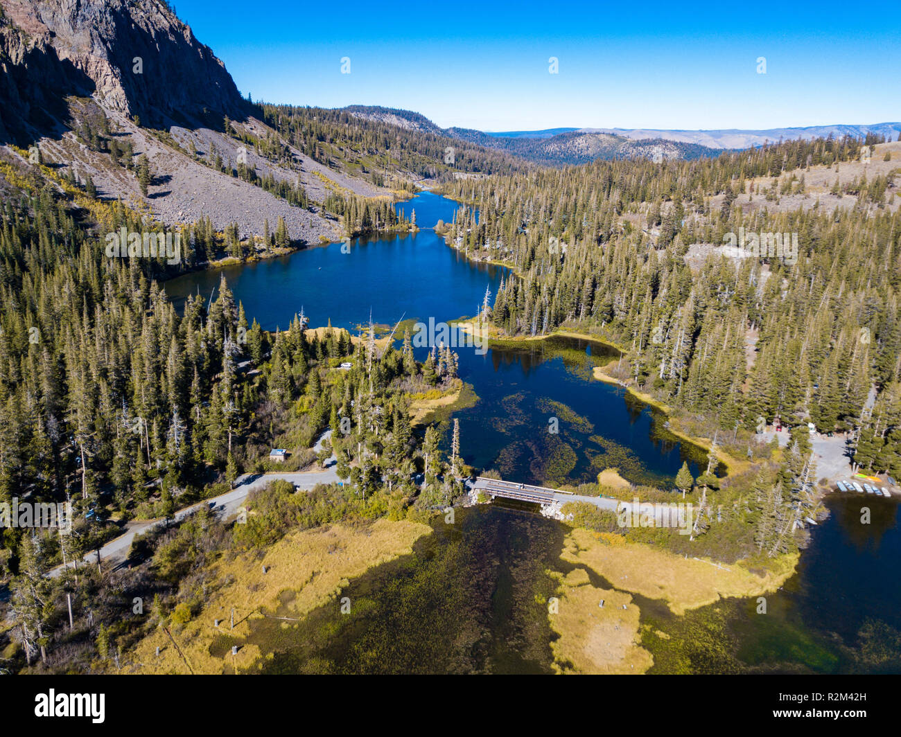 An aerial landscape of Twin Lakes and the surrounding mountains located
