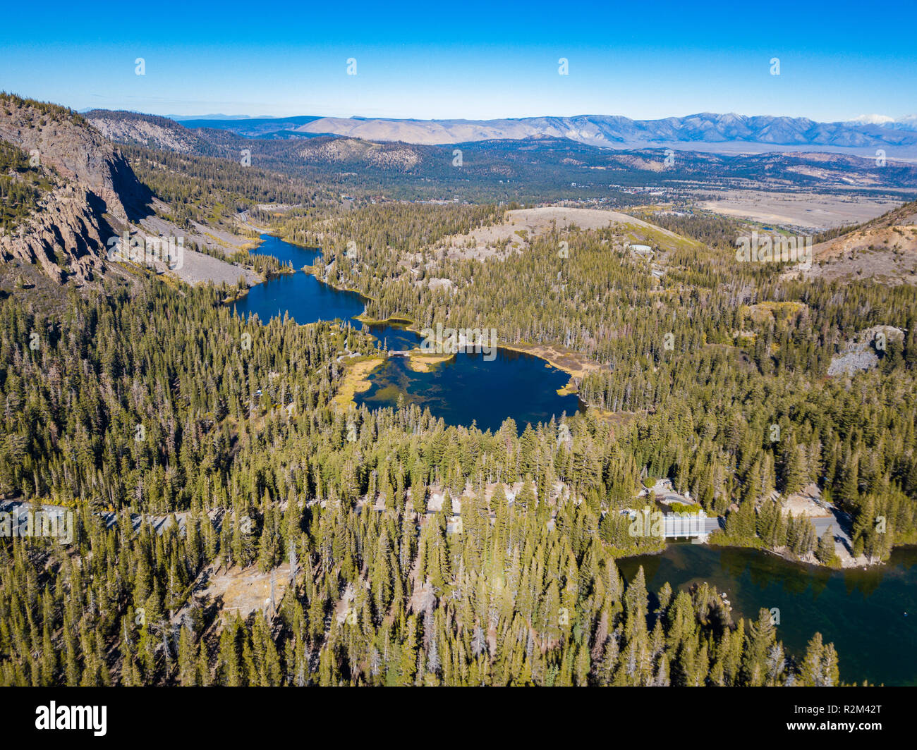 An aerial landscape of Twin Lakes and the surrounding mountains located