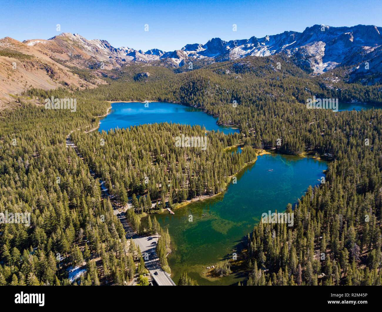An aerial landscape of Twin Lakes and the surrounding mountains located