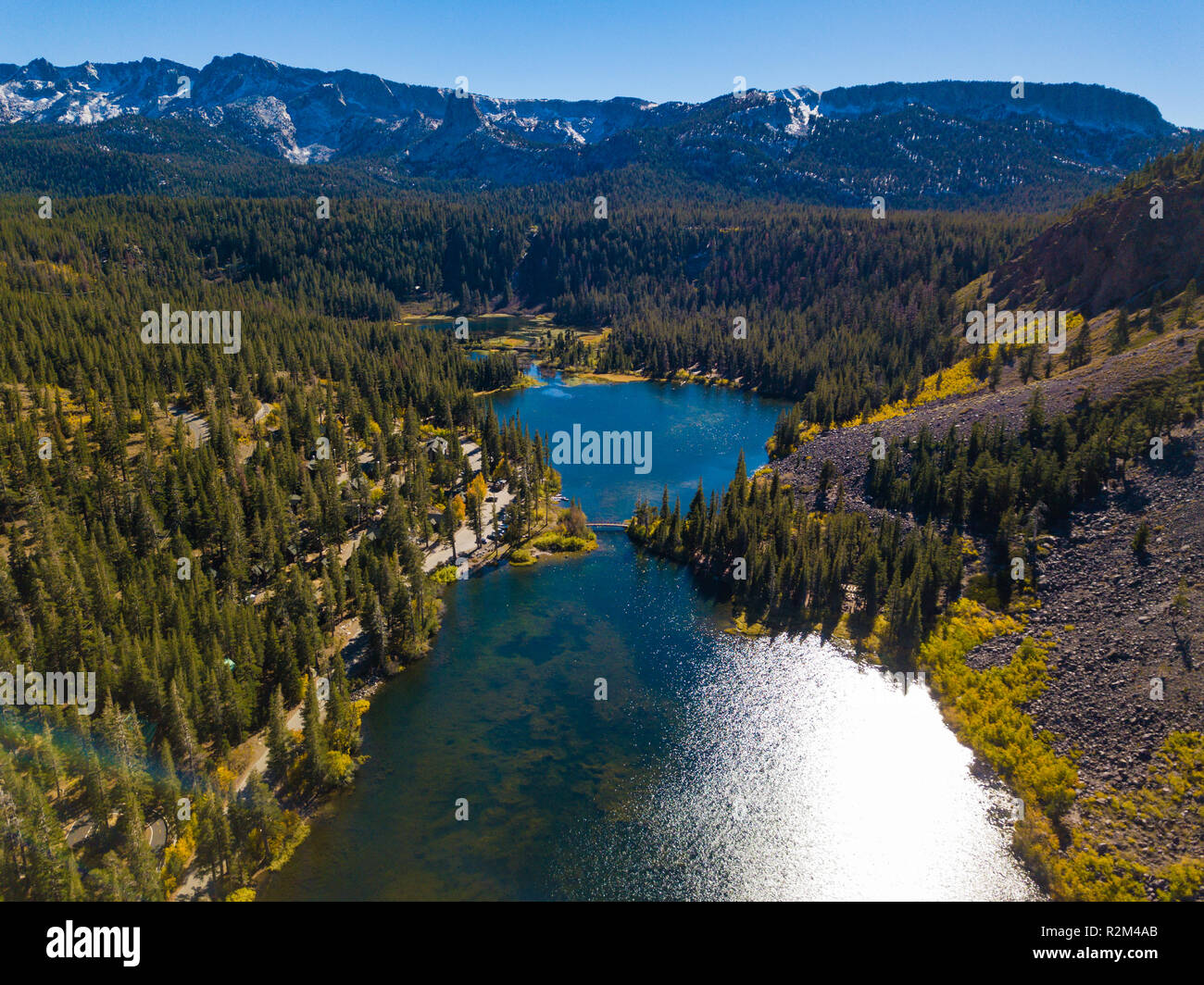 An aerial landscape of Twin Lakes and the surrounding mountains located