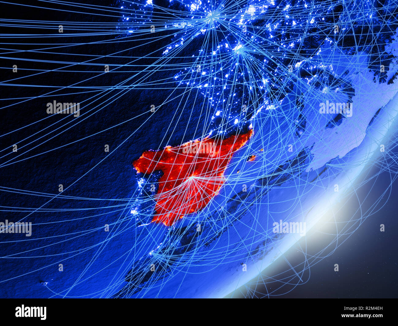 Spain on green model of planet Earth with network at night. Concept of ...