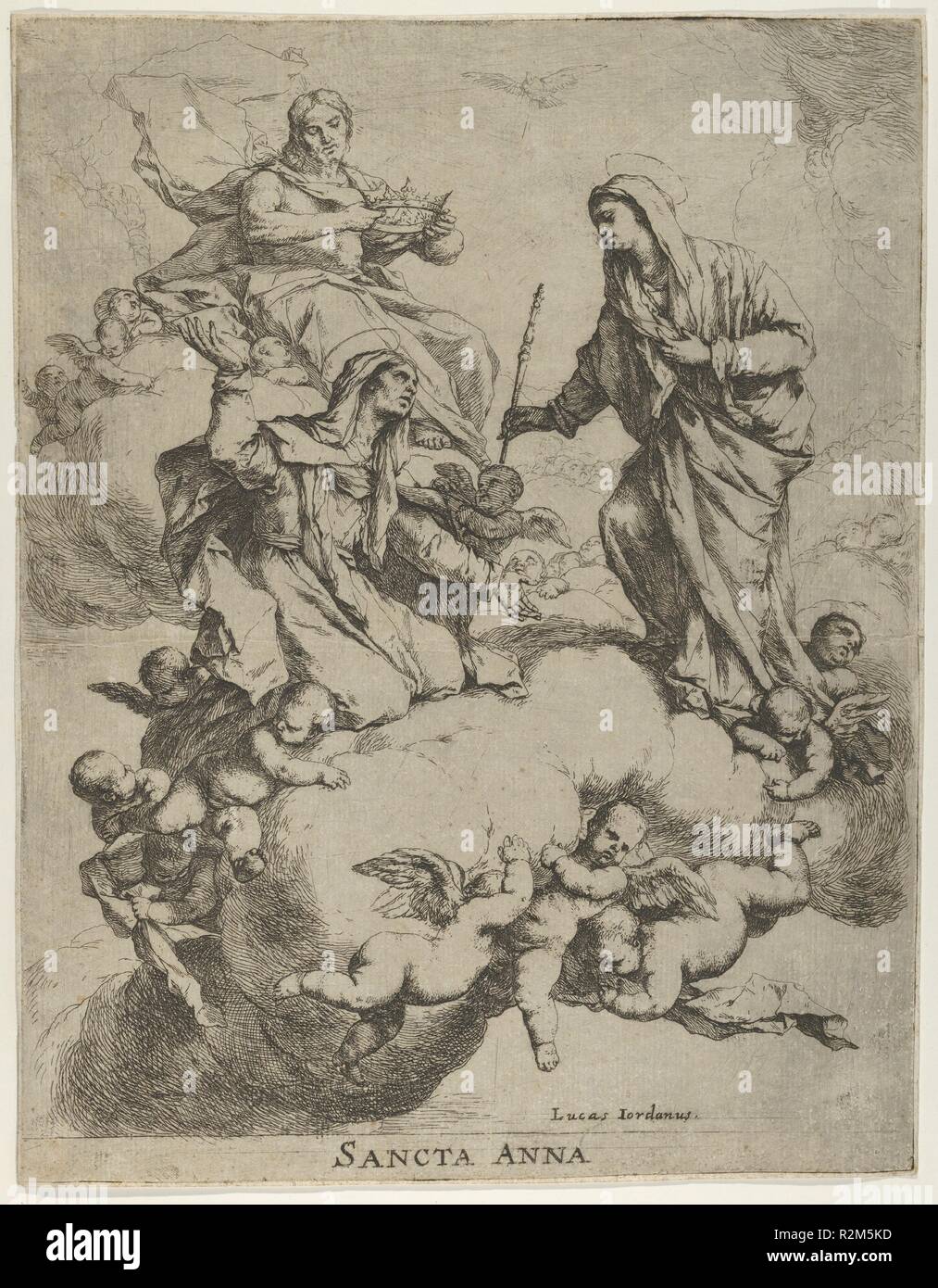 Christ holding a crown and the Virgin receiving St. Anne in Heaven. Artist: Luca Giordano (Italian, Naples 1634-1705 Naples). Dimensions: Sheet: 13 1/8 × 10 1/8 in. (33.3 × 25.7 cm). Date: 1650-70.  This is Bartsch's early state before the addition of the letters 'in et sculp' after Giordano's name at lower right. Museum: Metropolitan Museum of Art, New York, USA. Stock Photo