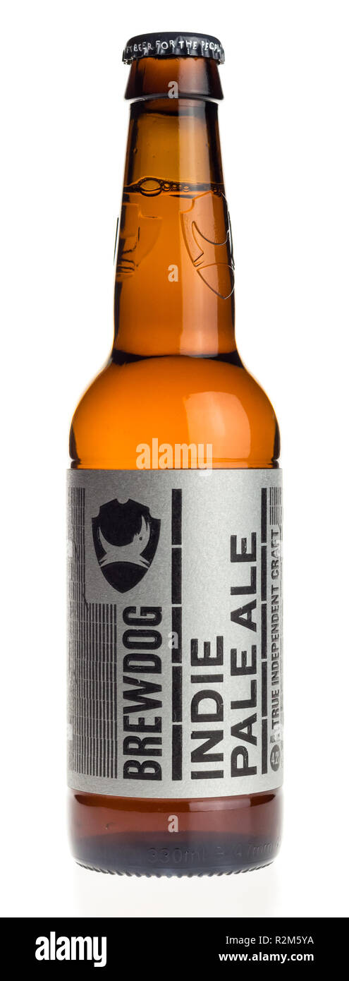 Bottle of Scottish Brewdog Indie Pale Ale beer isolated on a white background Stock Photo