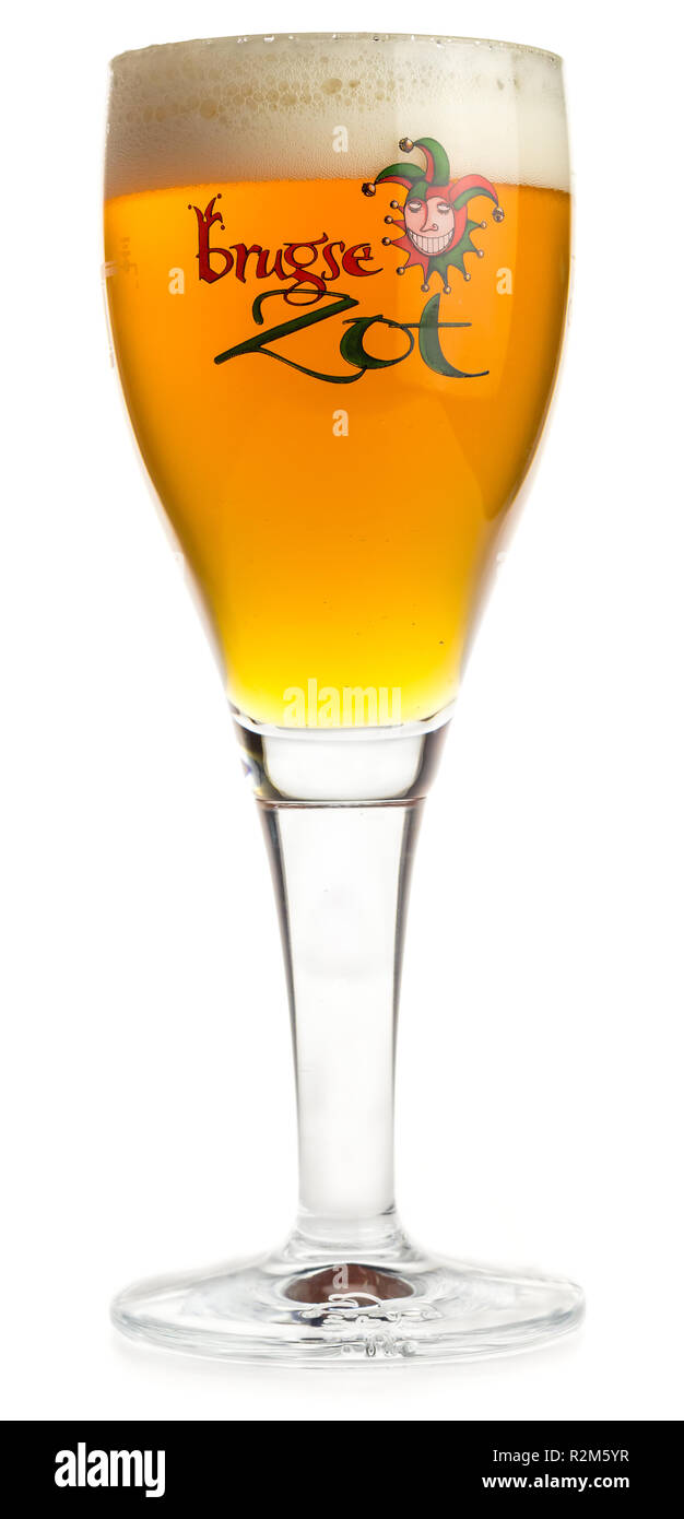 Glass of Brugse Zot beer isolated on a white background Stock Photo