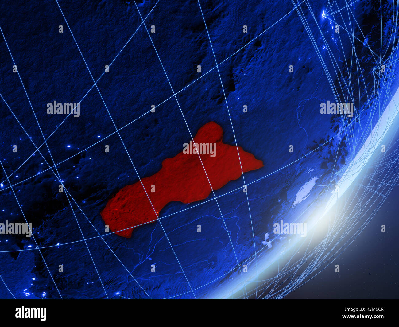 Central Africa on green model of planet Earth with network at night ...