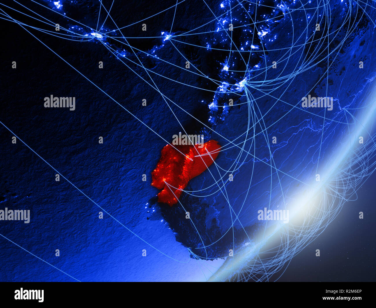 Ecuador on green model of planet Earth with network at night. Concept ...