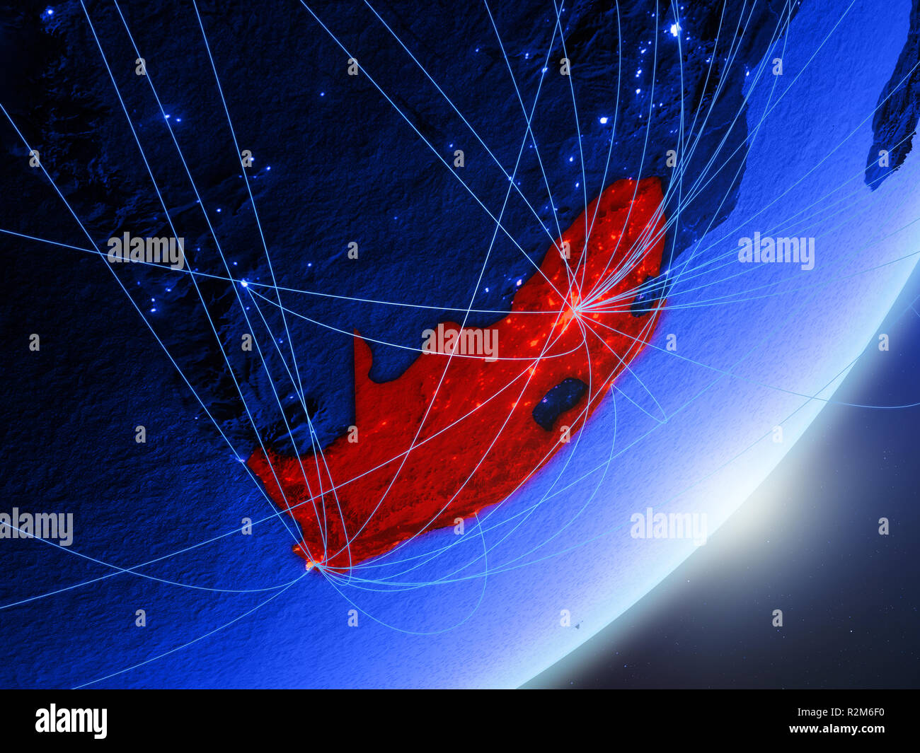 South Africa on green model of planet Earth with network at night ...