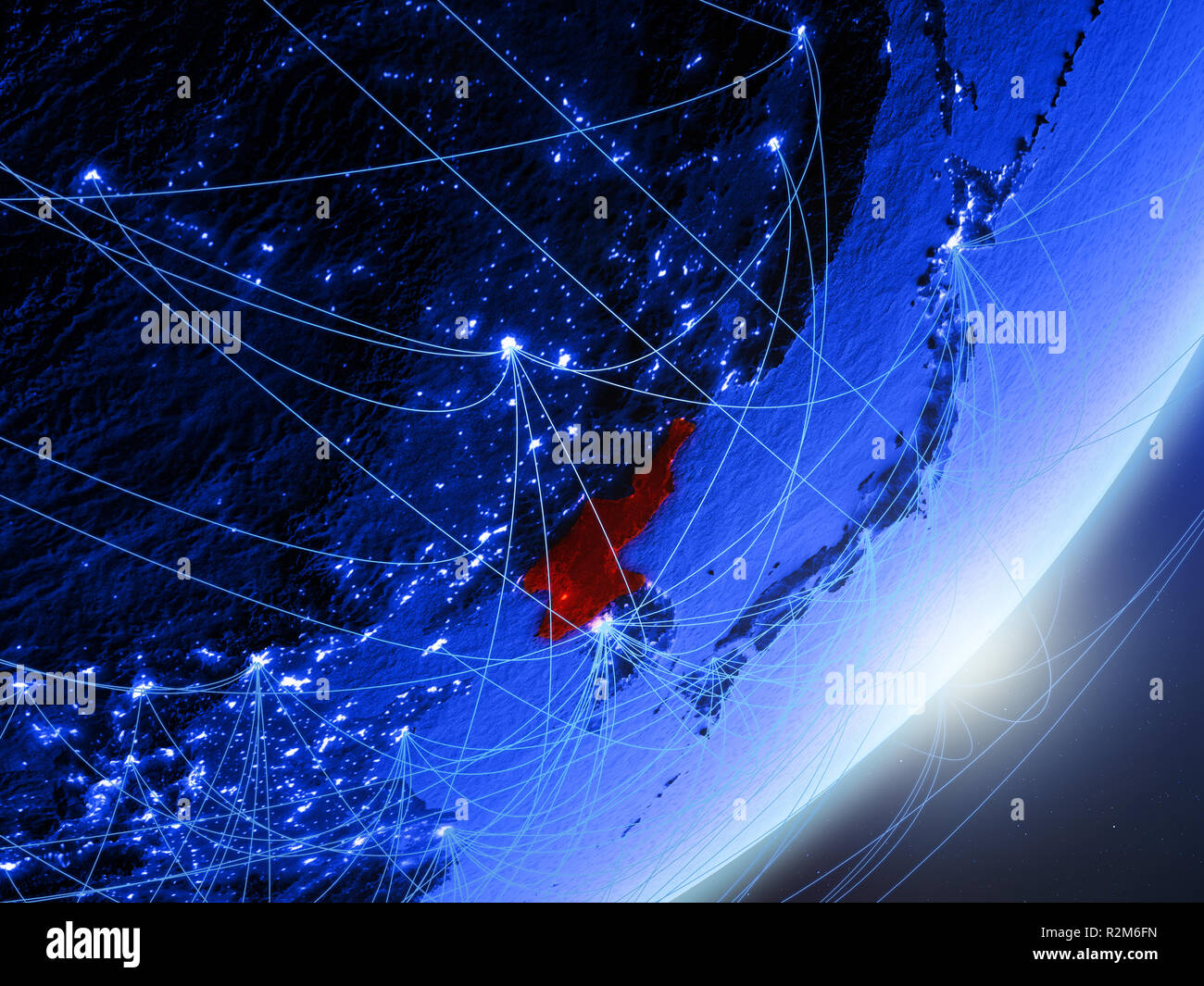 North Korea on green model of planet Earth with network at night ...