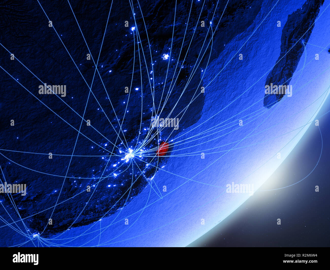 eSwatini on green model of planet Earth with network at night. Concept ...