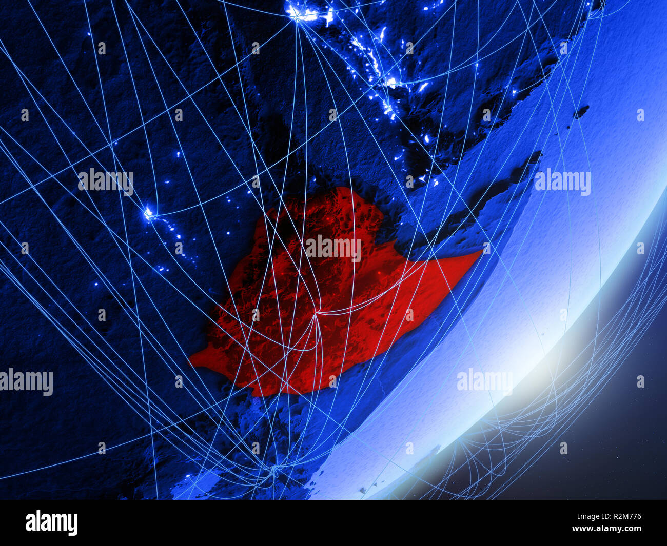 Ethiopia on green model of planet Earth with network at night. Concept ...