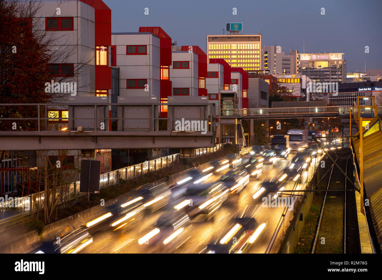 Autobahn A40, Ruhrschnellweg Highway, in Essen, route through the city center, is affected by a possible diesel ban, Skyline, Germany, Stock Photo