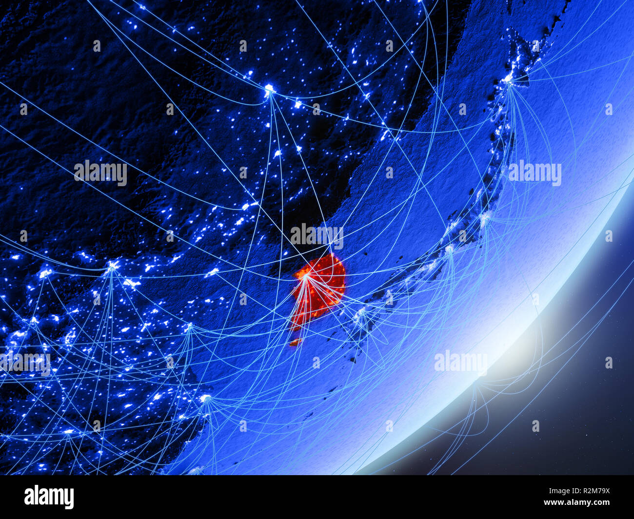 South Korea on green model of planet Earth with network at night ...