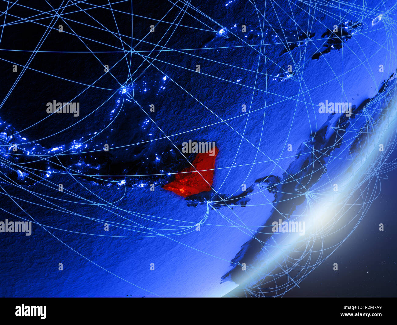 Nicaragua on green model of planet Earth with network at night. Concept ...