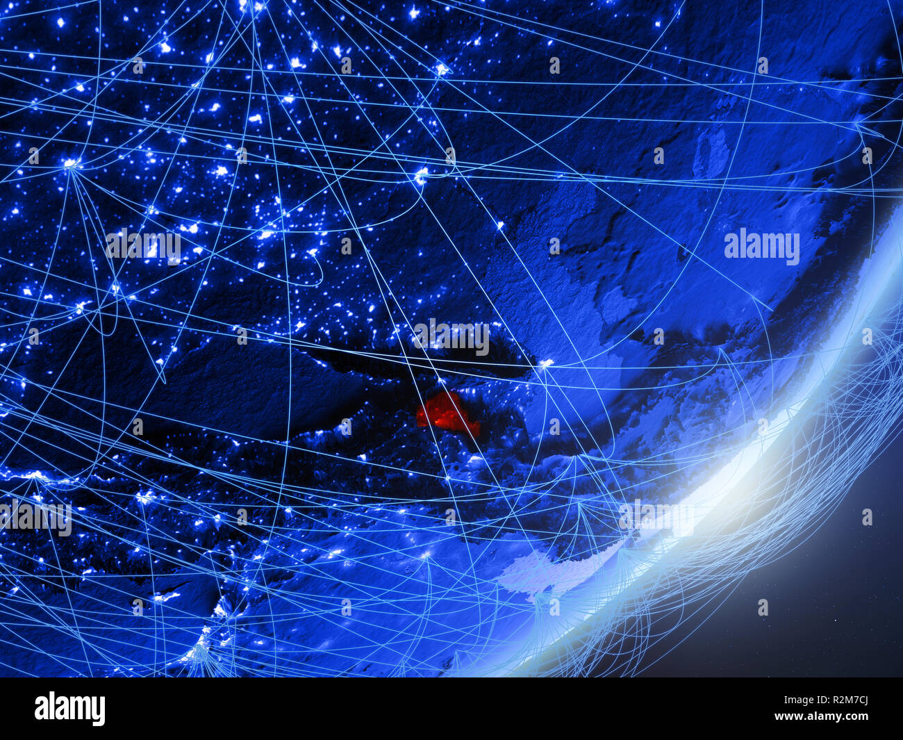 Armenia on green model of planet Earth with network at night. Concept ...